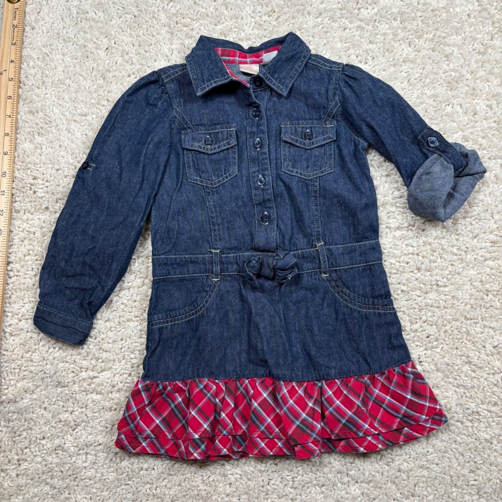 Baby Route 66 Girls Denim Shirt Dress Red Plaid Ruffle Hem‎ 4T Blue Cotton